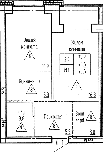 Планировка 2е-к. квартира 45.60 м² в ЖК «Фламинго»