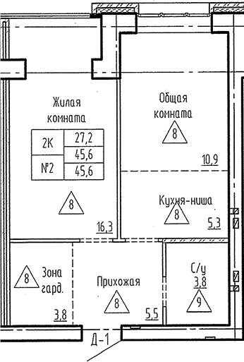 Планировка 2е-к. квартира 45.60 м² в ЖК «Фламинго»
