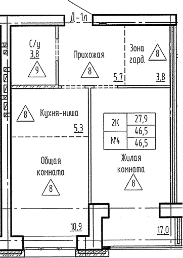 Планировка 2е-к. квартира 46.50 м² в ЖК «Фламинго»