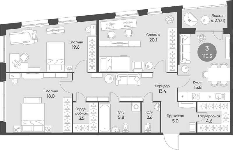 Планировка 4е-к.кв 108.40 м² в ЖК «Счастье в Кольцово»