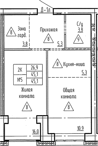 Планировка 2е-к. квартира 45.10 м² в ЖК «Фламинго»