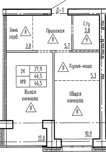 Планировка 2е-к. квартира 46.50 м² в ЖК «Фламинго»