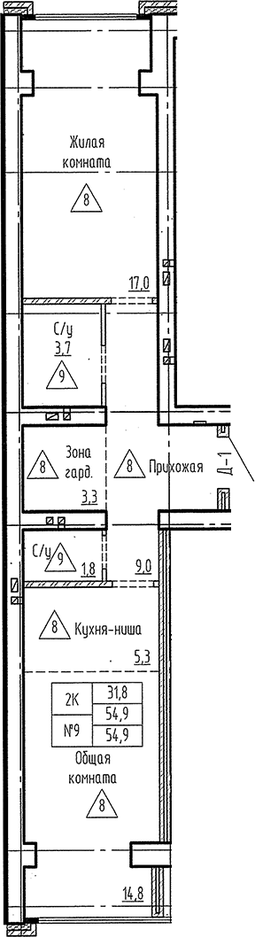 Планировка 2е-к. квартира 54.90 м² в ЖК «Фламинго»