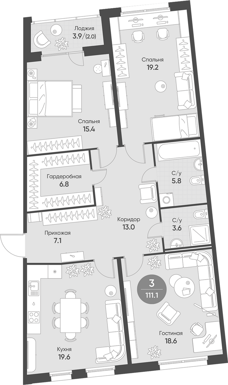 Планировка 4е-к.кв 109.10 м² в ЖК «Счастье в Кольцово»