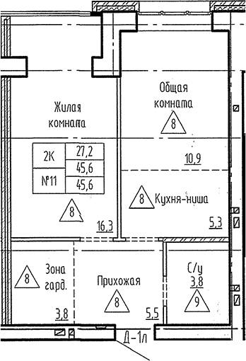 Планировка 2е-к. квартира 45.60 м² в ЖК «Фламинго»