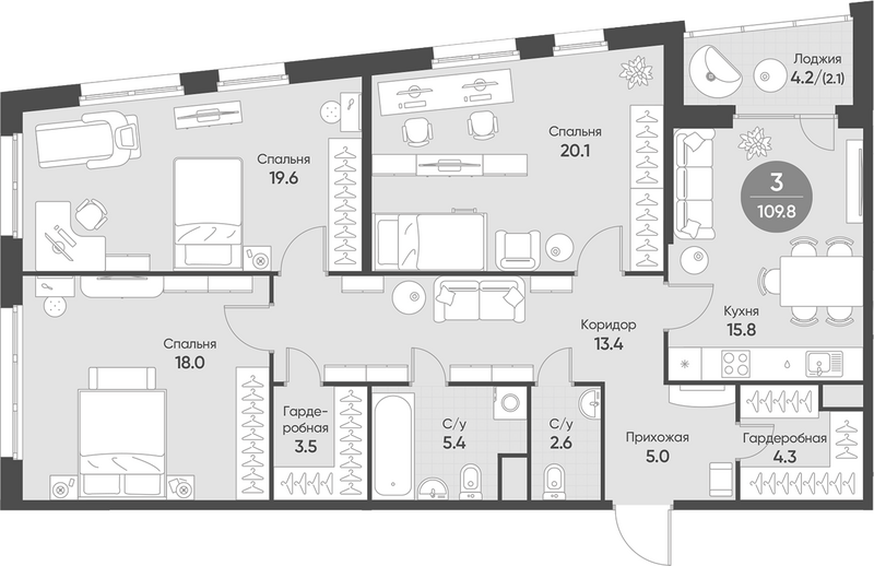 Планировка 4е-к.кв 107.70 м² в ЖК «Счастье в Кольцово»