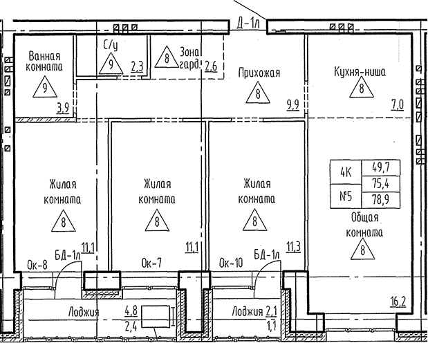 Планировка 4е-к.кв 75.40 м² в ЖК «Фламинго»