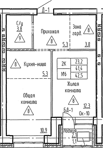 Планировка 2е-к. квартира 41.40 м² в ЖК «Фламинго»