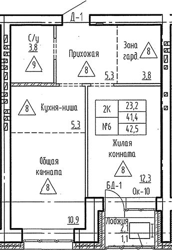Планировка 2е-к. квартира 41.40 м² в ЖК «Фламинго»