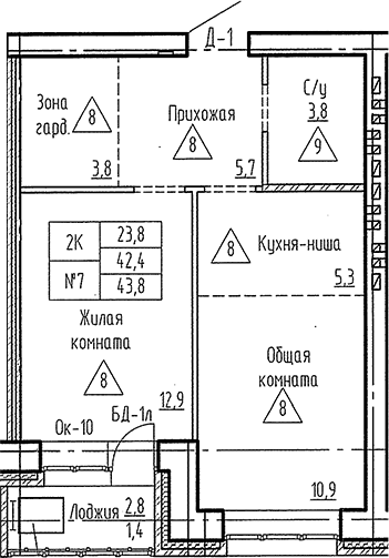 Планировка 2е-к. квартира 42.40 м² в ЖК «Фламинго»