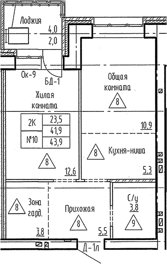 Планировка 2е-к. квартира 41.90 м² в ЖК «Фламинго»