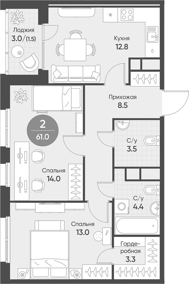 Планировка 2-к.кв 59.50 м² в ЖК «Счастье в Кольцово»
