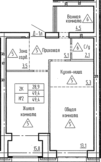 Планировка 2е-к. квартира 49.40 м² в ЖК «Фламинго»
