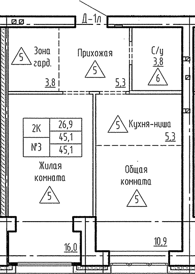 Планировка 2е-к. квартира 45.10 м² в ЖК «Фламинго»