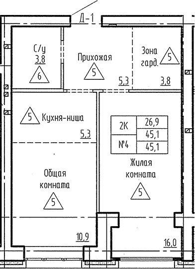 Планировка 2е-к. квартира 45.10 м² в ЖК «Фламинго»