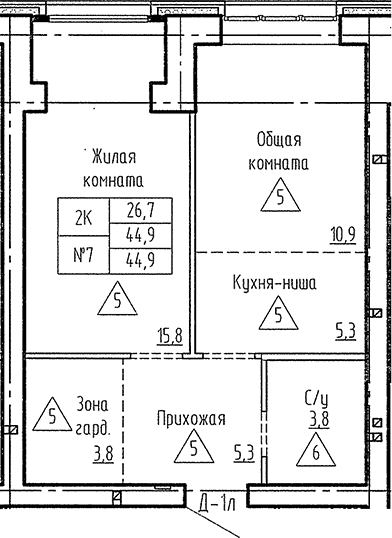 Планировка 2е-к. квартира 44.90 м² в ЖК «Фламинго»