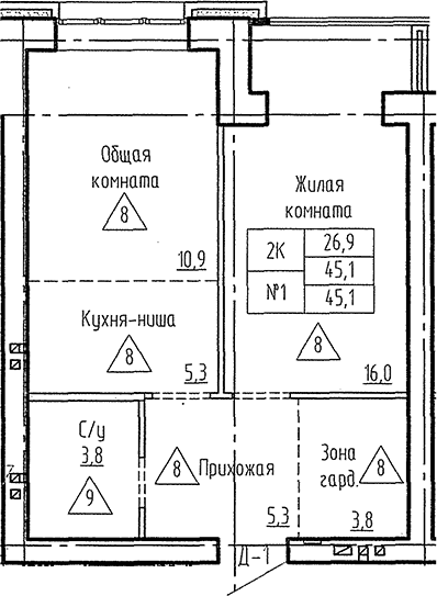 Планировка 2е-к. квартира 45.10 м² в ЖК «Фламинго»