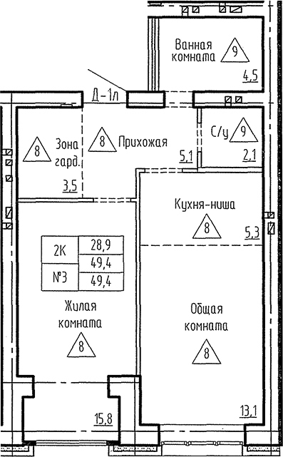 Планировка 2е-к. квартира 49.40 м² в ЖК «Фламинго»