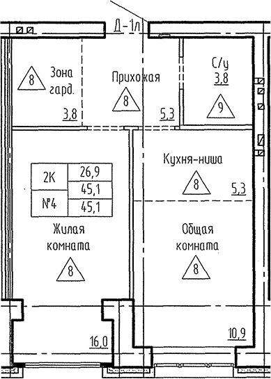 Планировка 2е-к. квартира 45.10 м² в ЖК «Фламинго»