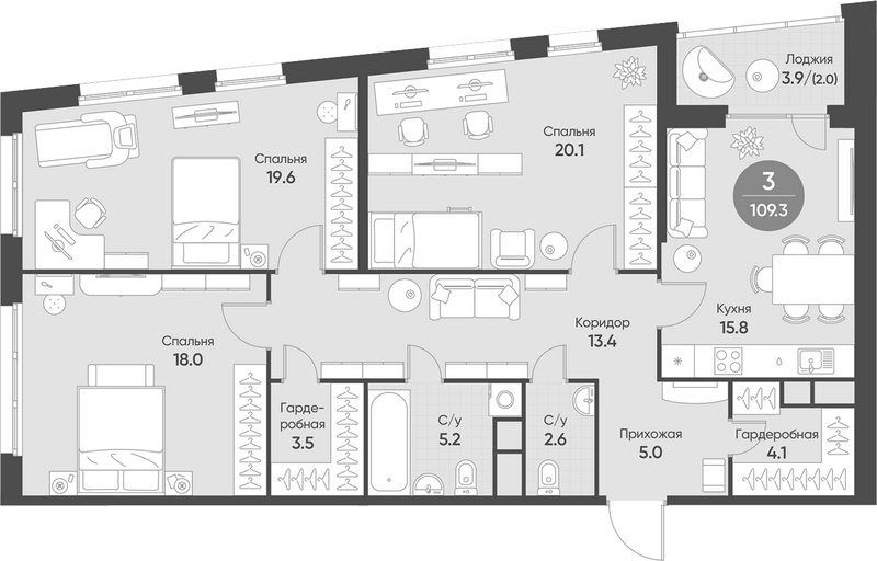Планировка 4е-к.кв 107.30 м² в ЖК «Счастье в Кольцово»