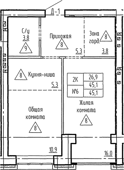 Планировка 2е-к. квартира 45.10 м² в ЖК «Фламинго»