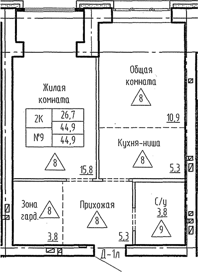 Планировка 2е-к. квартира 44.90 м² в ЖК «Фламинго»