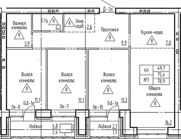 Планировка 4е-к.кв 75.40 м² в ЖК «Фламинго»