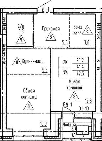 Планировка 2е-к.кв 41.40 м² в ЖК «Фламинго»