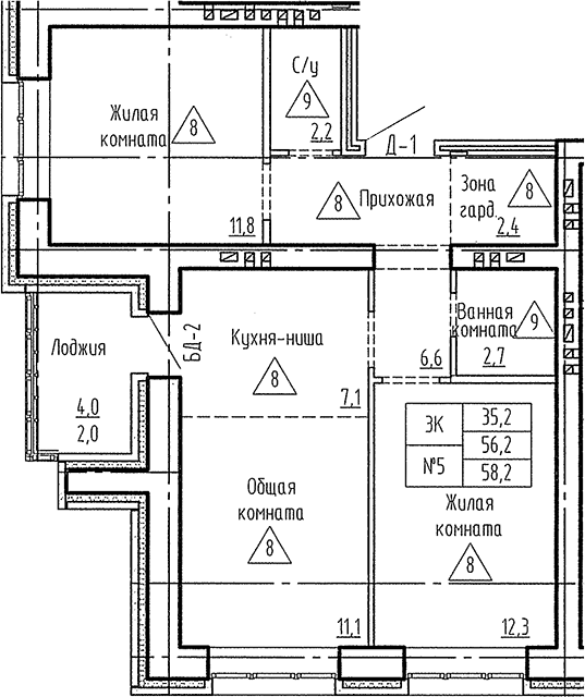 Планировка 3е-к.кв 56.20 м² в ЖК «Фламинго»