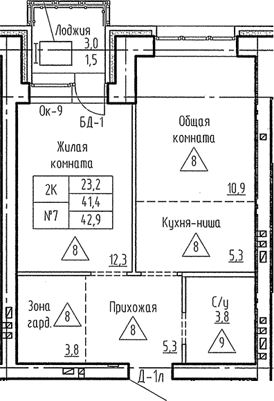 Планировка 2е-к.кв 41.40 м² в ЖК «Фламинго»