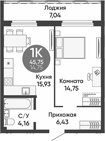 Планировка 1-к.кв 42.23 м² в ЖК «Урбан парк»