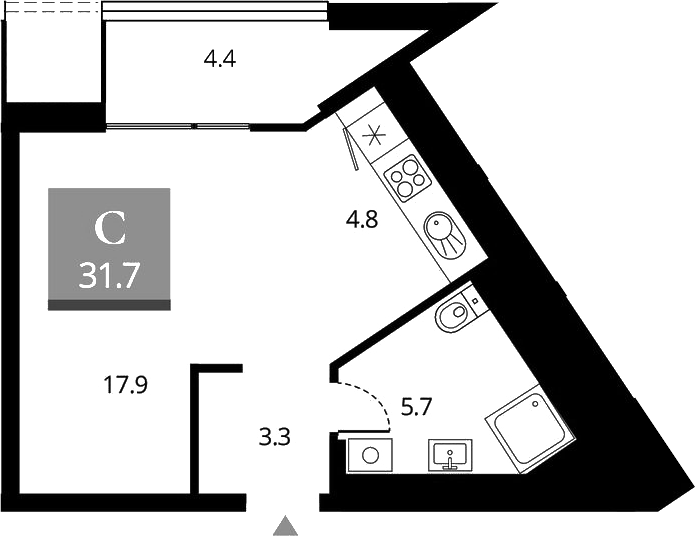 Планировка студии 31.80 м² в ЖК «Беринг»