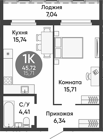 Планировка 1-к.кв 42.20 м² в ЖК «Урбан парк»