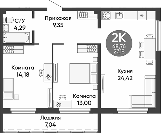 Планировка 2-к.кв 65.24 м² в ЖК «Урбан парк»