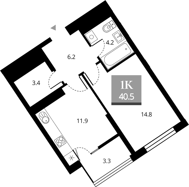 Планировка 1-к.кв 40.50 м² в ЖК «Беринг»