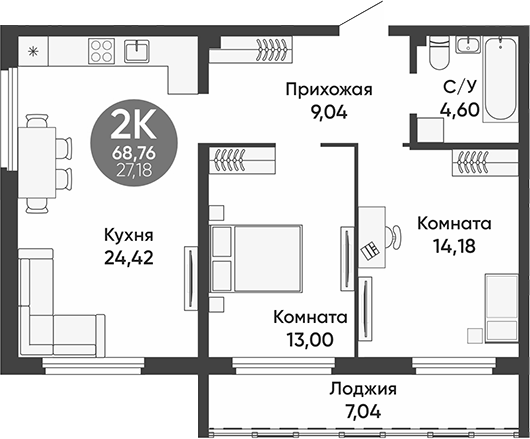 Планировка 2-к.кв 65.24 м² в ЖК «Урбан парк»