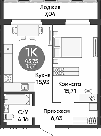 Планировка 1-к.кв 42.23 м² в ЖК «Урбан парк»