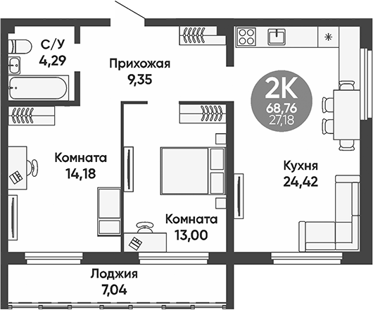 Планировка 2-к.кв 65.24 м² в ЖК «Урбан парк»