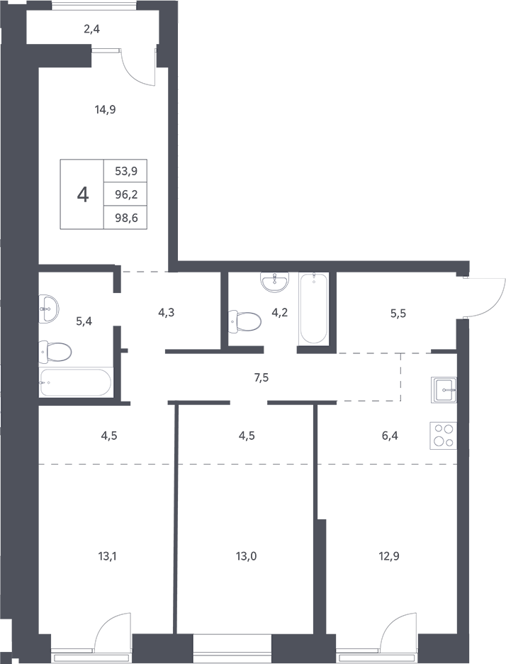 Планировка 4е-к.кв 96.20 м² в ЖК «Новаторы»