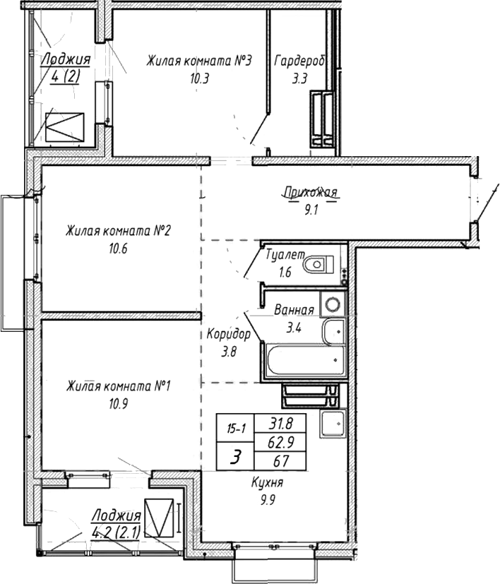 Планировка 3-к.кв 62.90 м² в ЖК «Виноград»