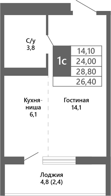 Планировка студии 24.00 м² в ЖК «Лучи. Кемерово»