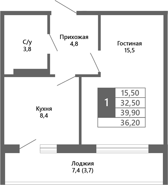 Планировка 1-к.кв 32.50 м² в ЖК «Лучи. Кемерово»