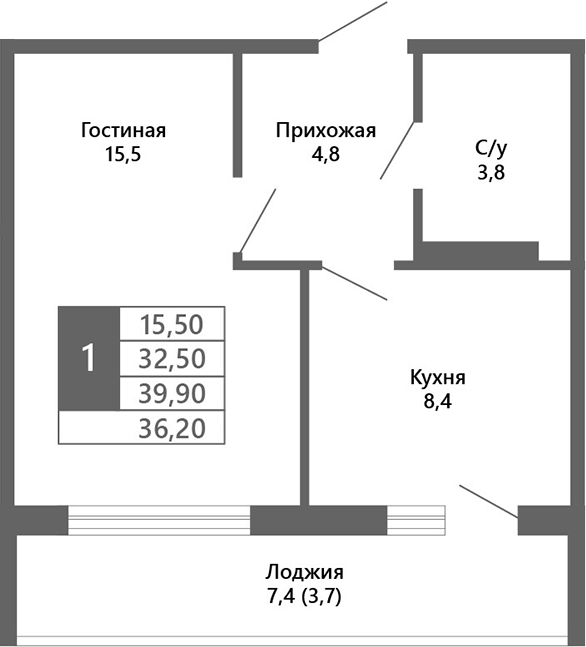 Планировка 1-к.кв 32.50 м² в ЖК «Лучи. Кемерово»