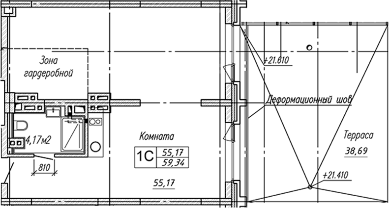 Планировка студии 59.34 м² в ЖК «Апарт-отель Гагарин Сити»