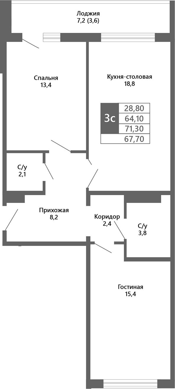 Планировка 3е-к.кв 64.10 м² в ЖК «Лучи. Кемерово»