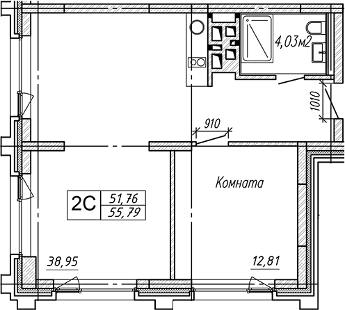 Планировка студии 55.79 м² в ЖК «Апарт-отель Гагарин Сити»