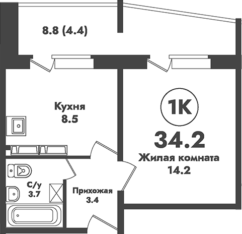 Планировка 1-к.кв 29.80 м² в ЖК «Атом»