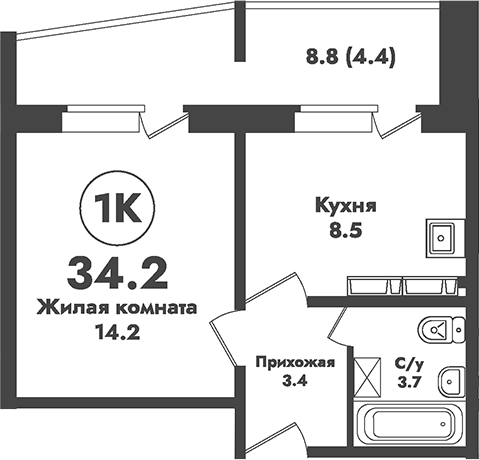 Планировка 1-к.кв 29.80 м² в ЖК «Атом»