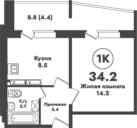 Планировка 1-к.кв 29.80 м² в ЖК «Атом»