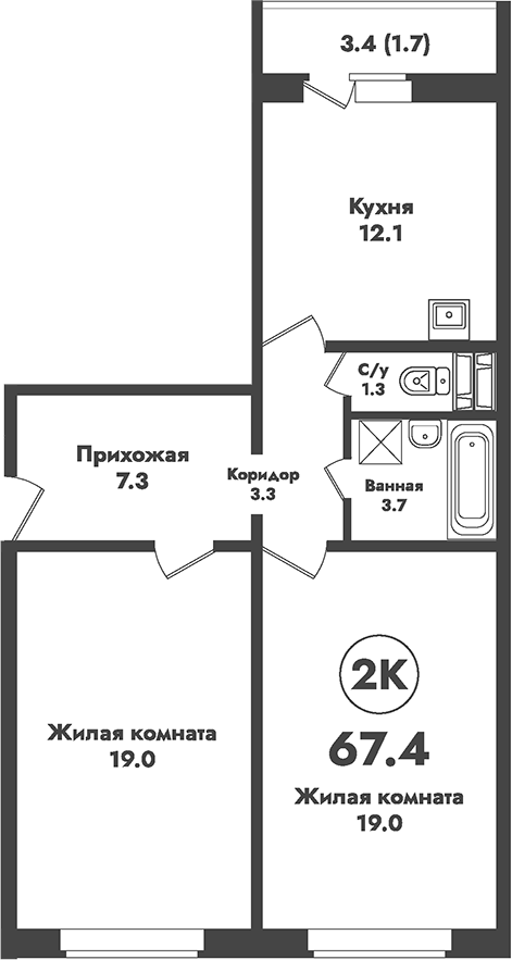 Планировка 2-к.кв 65.70 м² в ЖК «Атом»